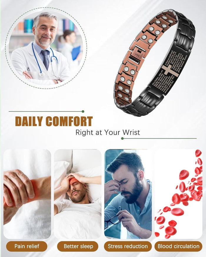 Copper Bracelet for Men, Ultra Strength Magnetic Bracelets with 3500 Gauss Magnets - Adjustable Sizing Tool & Gift Box (Black Cross style)