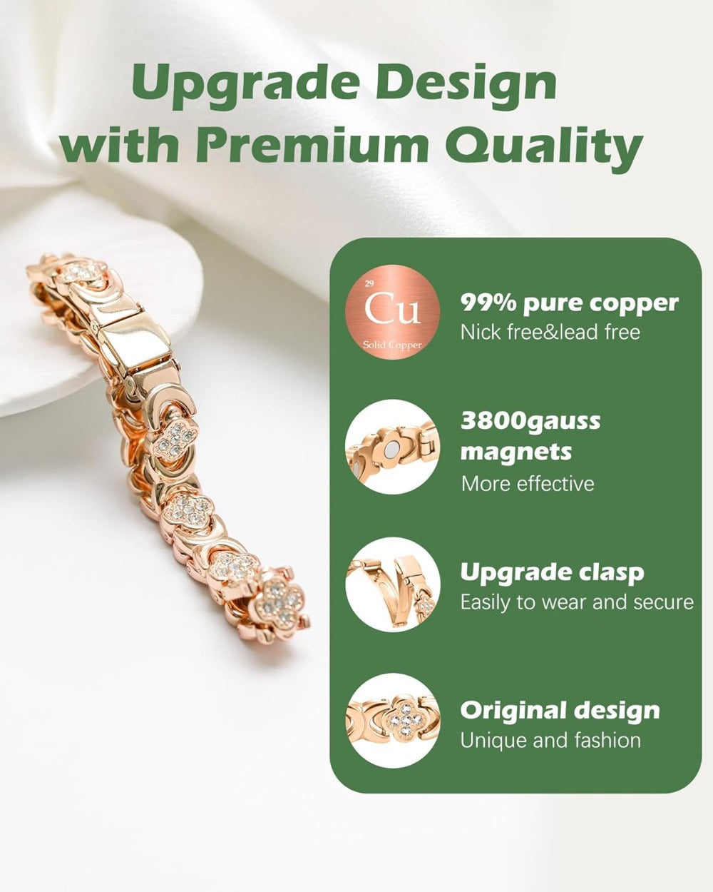 Jeracol 99% Copper Bracelet for Women,Magnetic Bracelet for Women with Lucky Clover Design,Adjustable Length with Sizing Tool in Gift Box