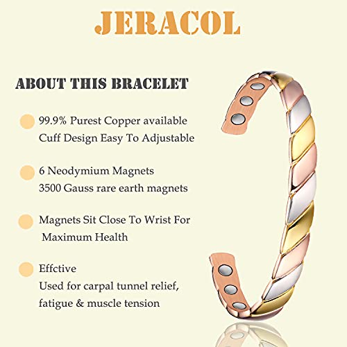 Jeracol Copper Magnetic Bracelets for Women Men,Striped Style Magnetic Brazaletes with 6 Magnets(3500 Guass Each),Adjustable Size Bangle with Jewelry Gift Box