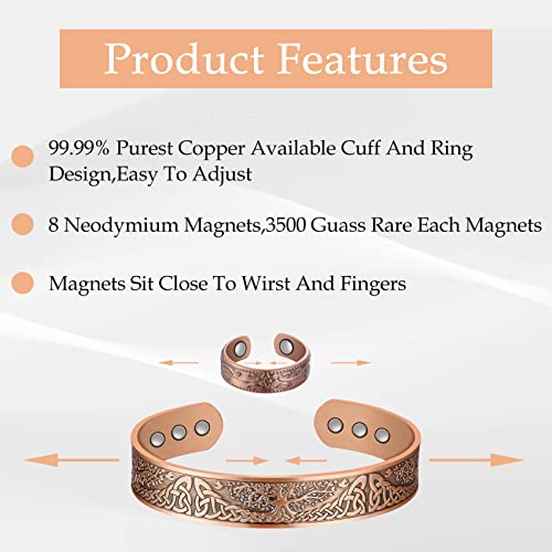 Jeracol Copper Magnetic Bracelet and Ring Set for Men Women,Tree of Life Magnetic Bangle and Magnetic Ring with Strong Magnets,Adjustable Size Brazaletes with Jewelry Gift Box