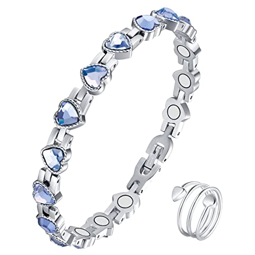 Jeracol Lymph Drainage Magnetic Bracelets and Magnetic Rings for Women,Titanium Steel Sparkling Crystal Magnetic Bracelet and Copper Love Heart Shape Magnetic Ring,Adjustable Size & Gift Box (Silver)