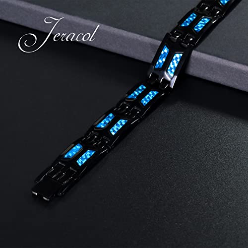 Jeracol Blue Carbon Fiber Titanium Steel Magnetic Bracelet for Men, 4 Element Double Row Strong Magnets,Size Adjustable Brazaletes Wristband with Removal Tool&Gift Box,Gift for Boyfriend Father's Day