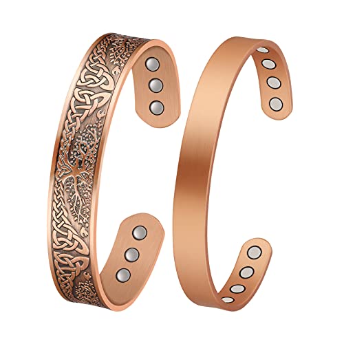 Jeracol Copper Magnetic Bracelet for Men Women,2 Pack 99.99% Solid Copper Cuff Bangle with Pattern Design Magnetic Bracelets with Ultra Strength Magnets,Adjustable Size Bracelet with Gift Box