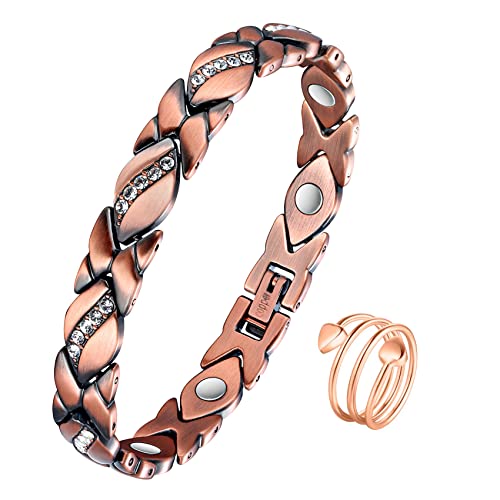 Jeracol Copper Magnetic Bracelet for Women,Magnetic Brazaletes with Crystals,Adjustable Size Solid Copper Bracelet Wristband with Removal Tool & Jewellry Gift Box