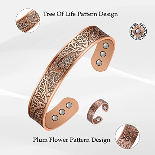 Jeracol Copper Magnetic Bracelet and Ring Set for Men Women,Tree of Life Magnetic Bangle and Magnetic Ring with Strong Magnets,Adjustable Size Brazaletes with Jewelry Gift Box