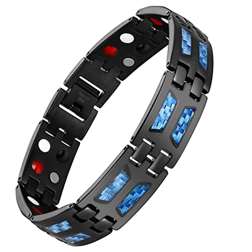 Jeracol Blue Carbon Fiber Titanium Steel Magnetic Bracelet for Men, 4 Element Double Row Strong Magnets,Size Adjustable Brazaletes Wristband with Removal Tool&Gift Box,Gift for Boyfriend Father's Day