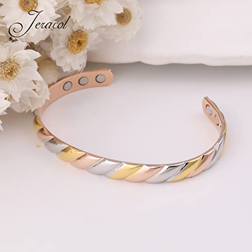 Jeracol Copper Magnetic Bracelets for Women Men,Striped Style Magnetic Brazaletes with 6 Magnets(3500 Guass Each),Adjustable Size Bangle with Jewelry Gift Box