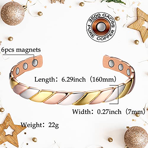 Jeracol Copper Magnetic Bracelets for Women Men,Striped Style Magnetic Brazaletes with 6 Magnets(3500 Guass Each),Adjustable Size Bangle with Jewelry Gift Box