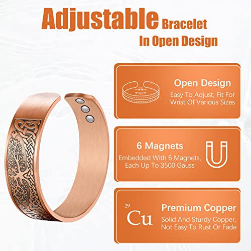 Jeracol Copper Magnetic Bracelet for Men Women,Tree of Life 100% Solid Copper Cuff Bangle with 6 3500 Guass Magnets,Adjustable Size Brazaletes with Jewellry Gift Box