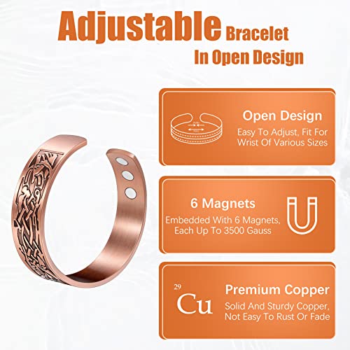 Jeracol Copper Magnetic Bracelets for Men Women,100% Solid Copper Magnetic Brazaletes with 6 Ultra Strong Magnets,Adjustable Sizing Cuff Bangle with Jewellry Gift Box