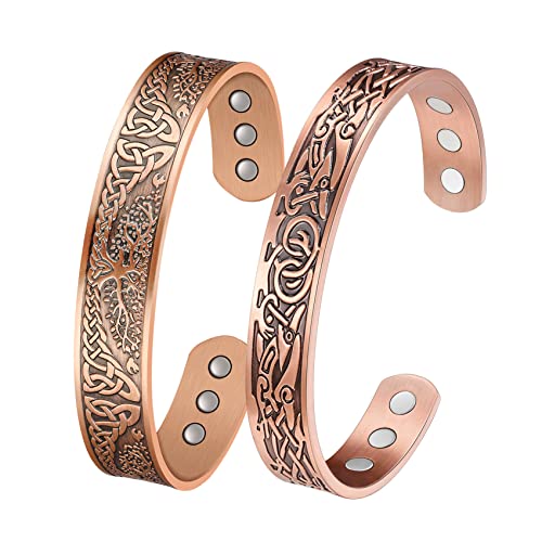 Jeracol Copper Magnetic Bracelet for Men Women,2 Pack 99.99% Solid Copper Cuff Bangle with Pattern Design Magnetic Bracelets with Ultra Strength Magnets,Adjustable Size Bracelet with Gift Box