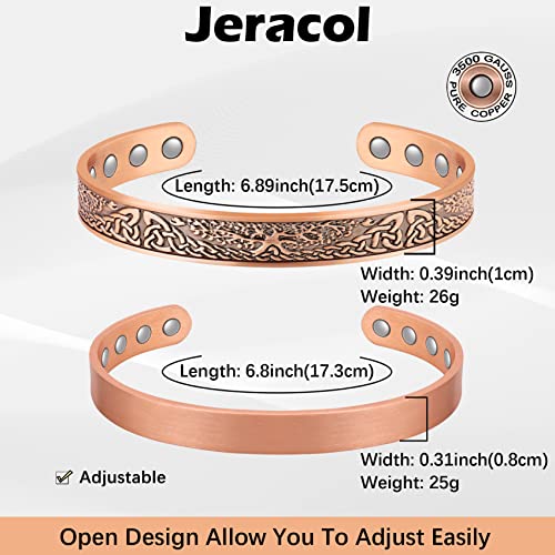 Jeracol Copper Magnetic Bracelet for Men Women,2 Pack 99.99% Solid Copper Cuff Bangle with Pattern Design Magnetic Bracelets with Ultra Strength Magnets,Adjustable Size Bracelet with Gift Box