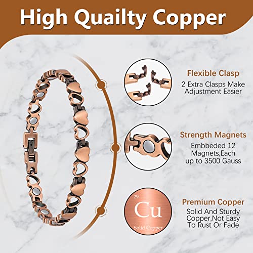 Jeracol Copper Magnetic Bracelets for Women,99.99% Solid Copper Women Wristband with Ultra Strength 3500 Guass Magnets,Adjustable Size Brazaletes with Remove Tool & Gift Box