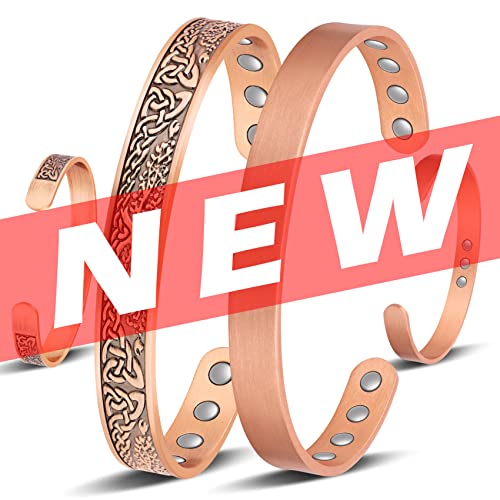 Jeracol Copper Magnetic Bracelet for Men Women,2 Pack 99.99% Solid Copper Cuff Bangle with Pattern Design Magnetic Bracelets with Ultra Strength Magnets,Adjustable Size Bracelet with Gift Box