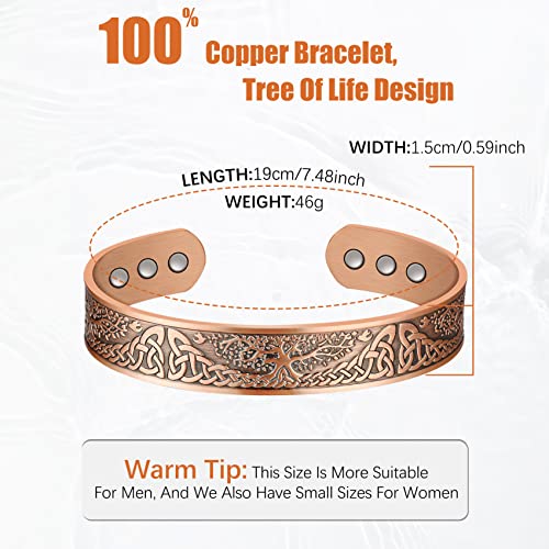 Jeracol Copper Magnetic Bracelet for Men Women,Tree of Life 100% Solid Copper Cuff Bangle with 6 3500 Guass Magnets,Adjustable Size Brazaletes with Jewellry Gift Box