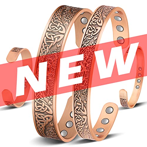 Jeracol Copper Magnetic Bracelet for Men Women,2 Pack 99.99% Solid Copper Cuff Bangle with Pattern Design Magnetic Bracelets with Ultra Strength Magnets,Adjustable Size Bracelet with Gift Box