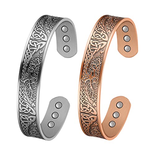 Jeracol Copper Magnetic Bracelet for Men Women,2 Pack 99.99% Solid Copper Cuff Bangle with Pattern Design Magnetic Bracelets with Ultra Strength Magnets,Adjustable Size Bracelet with Gift Box